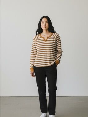 Anthropologie T.La Striped Notch-Neck Waffleknit Long Sleeve Size Large